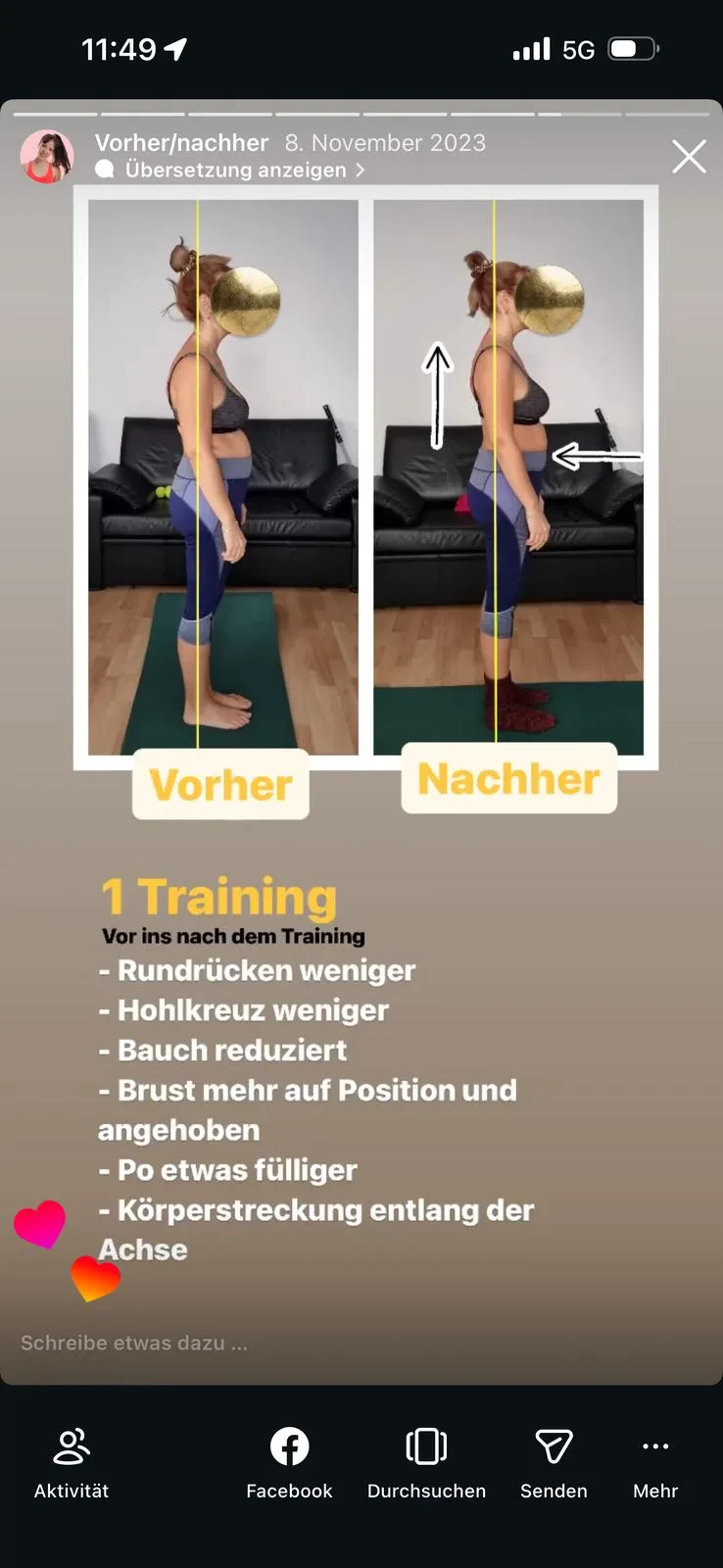 Vorher/Nachher Auswertung nach einem Training: Rundrücken weniger, Hohlkreuz weniger, Bauch reduziert, Brust mehr auf Position und angehoben, Po etwas fülliger, Körperstreckung entlang der Achse